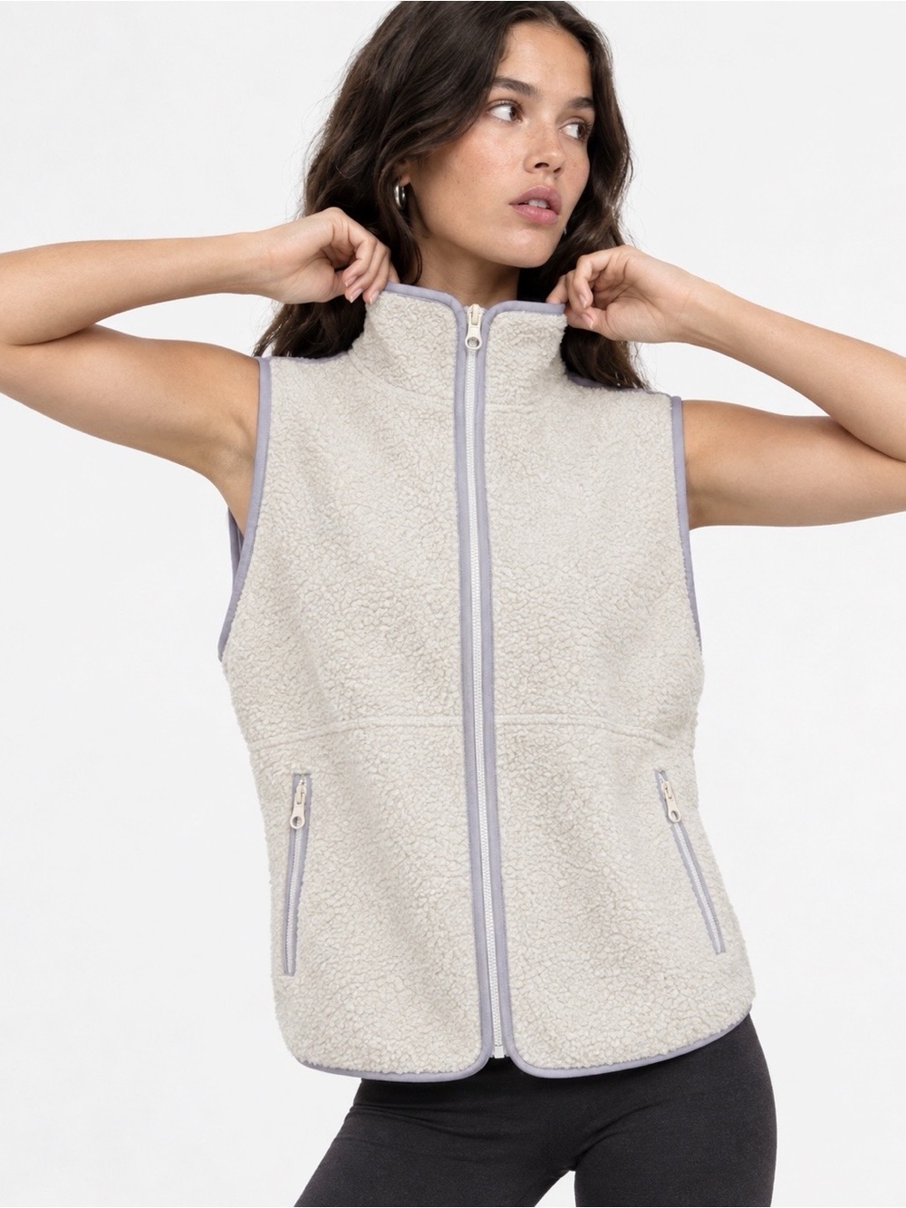 Sherpa Teddy Polar Fleece Zip-Up Vest Cream Lilac Lavender | Gorpcore - MEDIUM